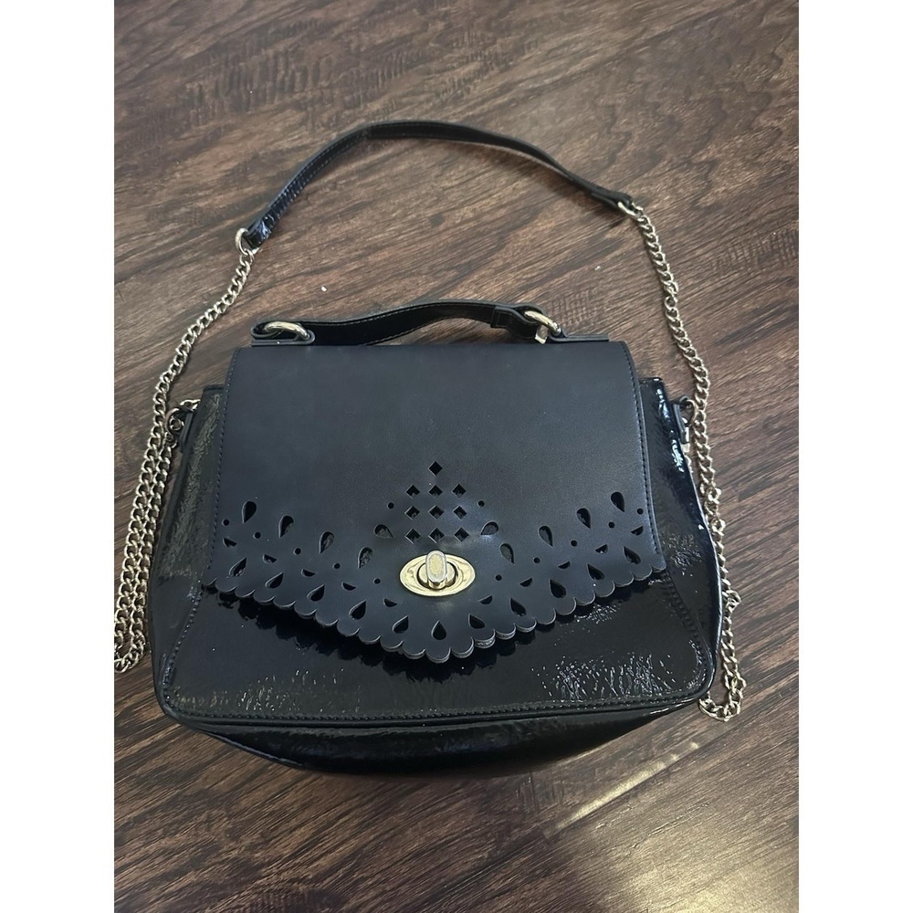 Neiman Marcus Black and‎ Gold Crossbody Bag with Laser-Cut Design